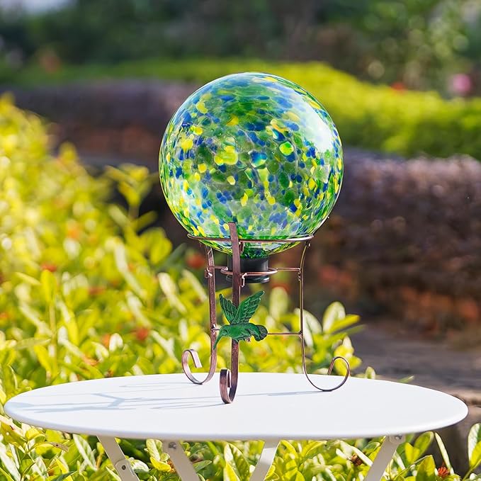 10 Inch Glass Gazing Ball, with 9.4" Tall Metal Gazing Globe Stand, Glass Balls Display Holder Set for Outdoor Garden Lawn Yard Decoration, Bright Summer Burst
