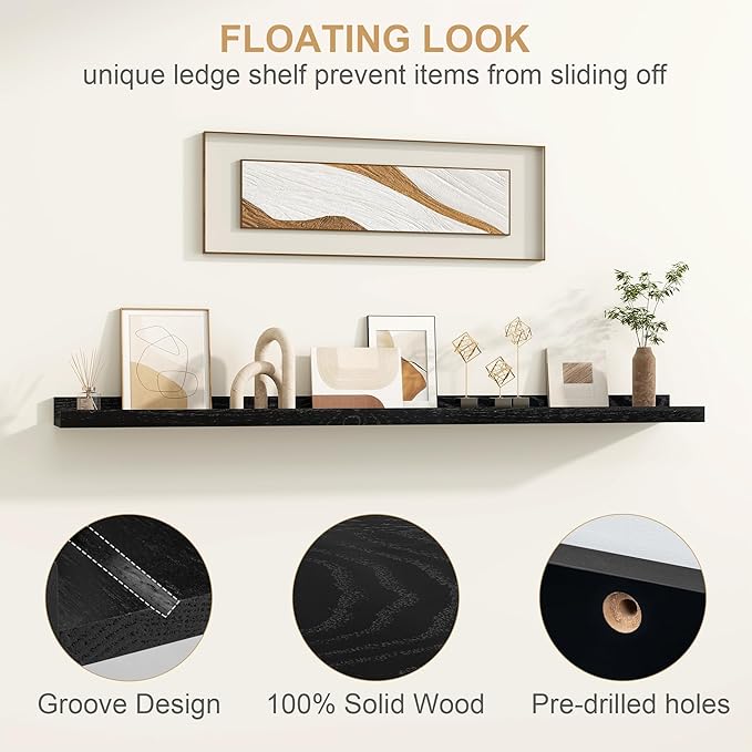 Floating Picture Ledge Shelves 48 Inch Solid Oak Wood Set of 2, Rustic Wall Storage Shelves with Lip, Kids Bookshelf, Photo & Picture Ledge Shelves for Bedroom, Living Room, Kitchen