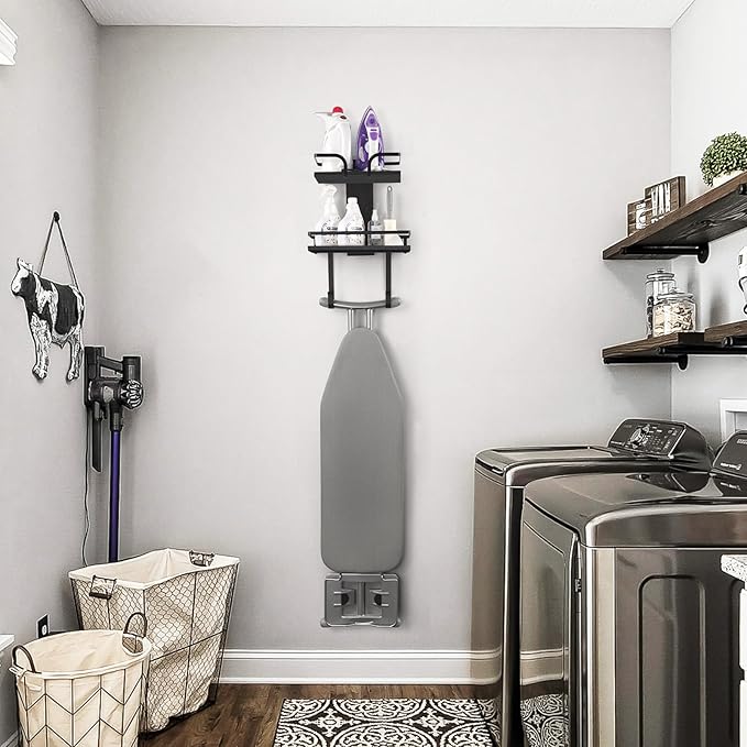 VINAEMO Ironing Board Hanger Wall Mount, 2-Layer Iron and Ironing Board Holder, Laundry Room Shelves Solid Wood with Removable Hooks Home Organization and Storage