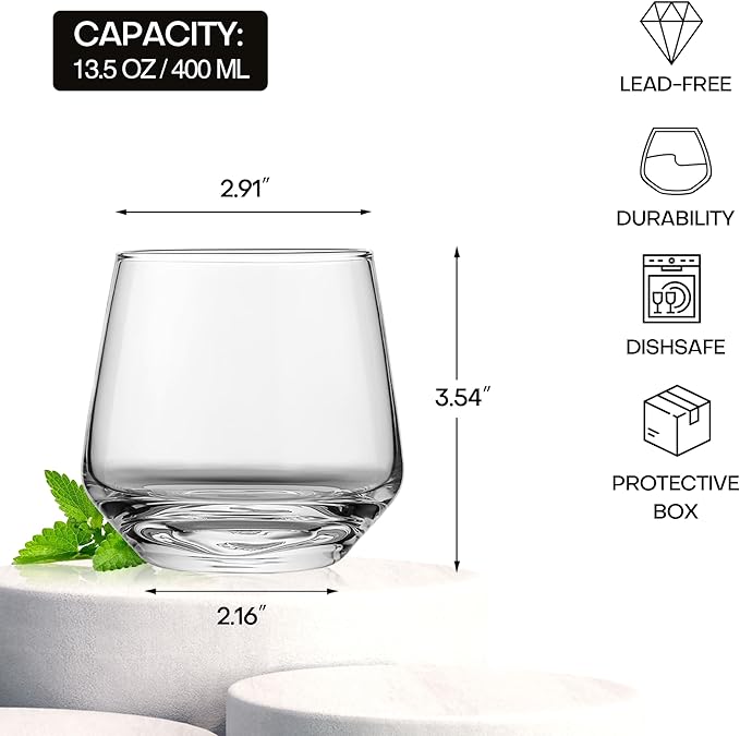 Stemless Wine Glasses Set of 6, 13.5oz Red White Wine Glasses for Daily Use, Hosting, Home Bar, Evening Party, Birthdays, Housewarming Gift, Clear