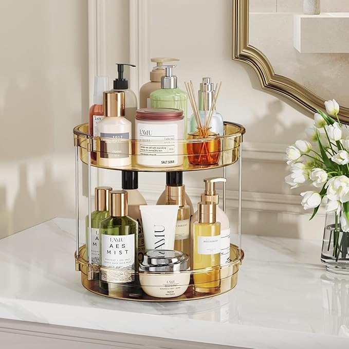 LAMU 12inch 2 Tier Lazy Susan Turntable Organizer Rotating Spice Rack Organization for Cabinet, Kitchen, Pantry, Countertop, Bathroom, Vanity, Medicine Cabinet Organizer, Amber