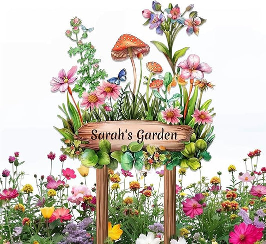 Personalized Mushroom Metal Sign with Stake,Custom Gardener Last Name Signs Outdoor Decoration,Customized Flowers Garden Accessories Decor for Grandma,Butterfly Plaques for Patio Lawn Porch Backyard