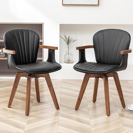 LUNLING Swivel Dining Room Chairs Set of 2, Mid Century Modern Black Faux Leather Kitchen Chairs with Arms,Bamboo Legs Side Chairs No Wheels,Accent Chair for Dining Rooms and Offices