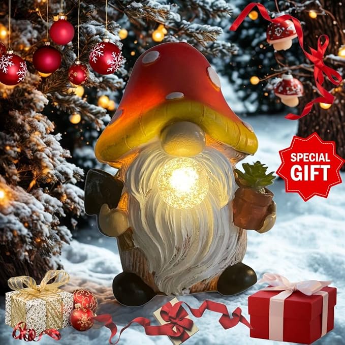 Solar Mushroom Gnomes Garden Statues Outdoor Decor with Night Glow,Cute Fairy Garden Statues for Yard,Pathway,Lawn Art Ornamen,Spring,Easter,Birthday Christmas Women Mom Gift Idea (Red)