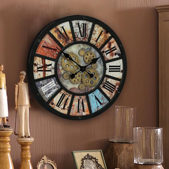 Unique Moving Gear Extra Large Wall Clock 21"-Battery Powered. Retro Industrial Steampunk Country Farmhouse Decor for Living Room, Kitchen,Bars, Restaurants, cafes, Offices(Black- 21")