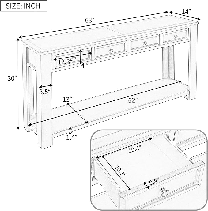 Solid Wood Console Table 63 in Long Sofa Table Entryway Table with 4 Drawers and Bottom Shelf for Hallway Living Room Couch Table,Fully Assembled,63" Tan