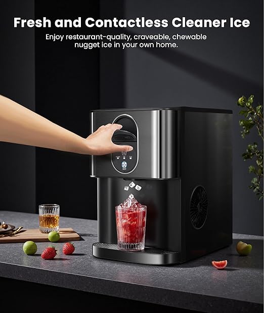 Nugget Ice Maker Countertop, 44lbs/24H Soft Chewable Pellet Ice Maker Machine Dispenser with Water Reservoir, Self-Cleaning, Pebble Ice Machine for Home Kitchen, Office, Black Stainless