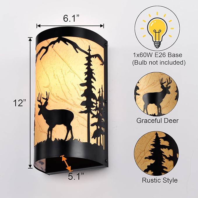 Wall Sconces Set of Two,Deer Metal Yellow Parchment Rustic Wall Sconces,Farmhouse Matte Black Wall Mount Lamp,Vintage Bedroom Wall Lights,Indoor Wall Lamps for Living Room,Hallway,Porch