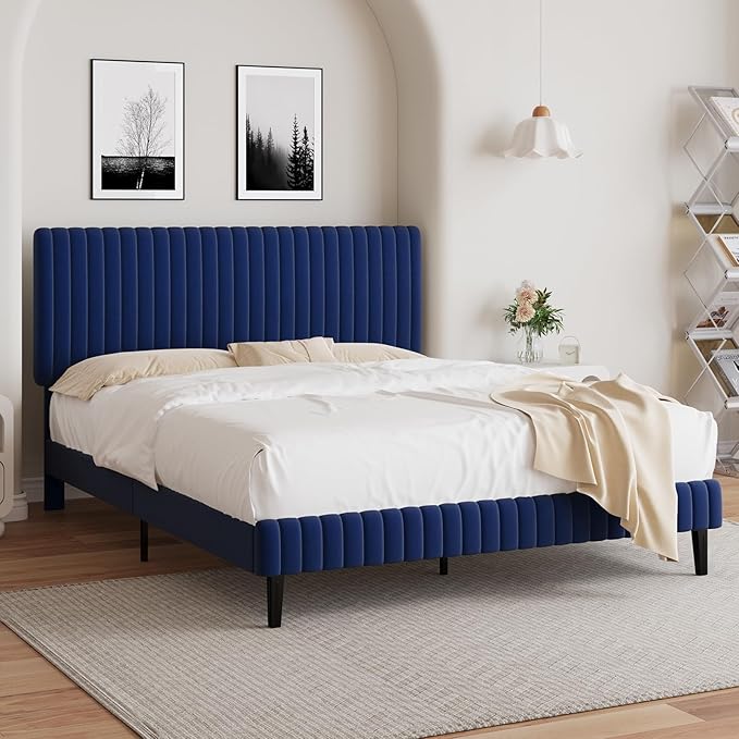 Full Size Bed Frame, Velvet Upholstered Platform Bed with Vertical Channel Tufted Headboard and Footboard, No Box Spring Required, Easy Assembly, Blue