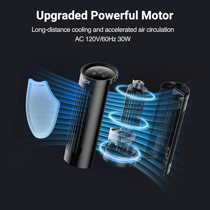 VCK 13'' Tower Fan for Bedroom,27ft/s Velocity Quiet Floor Fan,90° Bladeless Fan for Indoors with 3 Speeds,3 Modes,Oscillating Fans for Indoors,Portable Desk Table Fans for Room, Home,Office