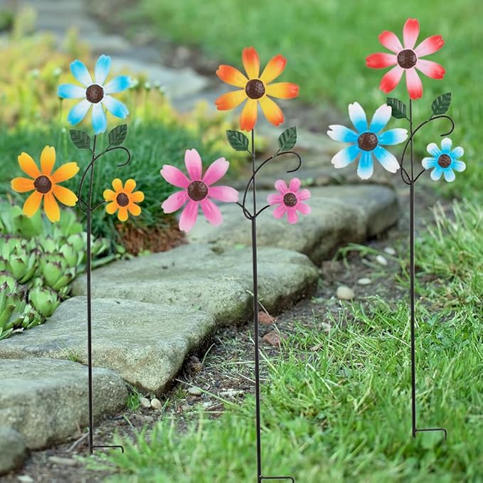3 Pack Spring Garden Stakes Decor,Metal Flowers Decorative Garden Stakes,Waterproof Metal Yard Art for Outside,Lawn,Patio,Yard(23.1 * 6.7IN)