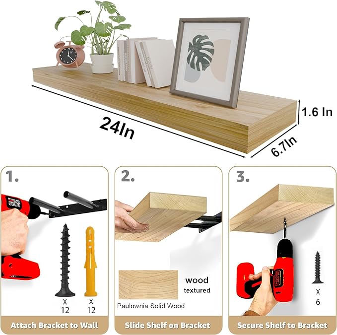 IAE Floating Wall Shelves 24 inch,Bathroom Shelves Wall Mounted,Invisible Shelves Floating Kitchen Shelves,Wooden Wall Shelves with Brackets for Living Room Wall Mounted,Easy Install,Set of 2,Natural