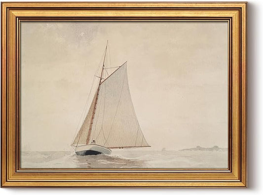 HUARCEY Gold Framed Vintage Wall Art for Living Room, Seaview Painting Prints Shelf Decor for Kitchen, Aesthetic Bedroom Wall Art, Christmas Gifts for Friends or Family (White Sailboat - 12"x16")