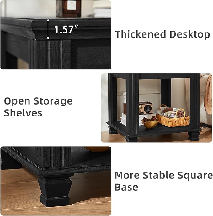 Farmhouse End Table Set of 2,Large Side Table with 2-Tier Storage Shelf,Rustic Wood End Tables for Living Room,Square Tea Table, Black
