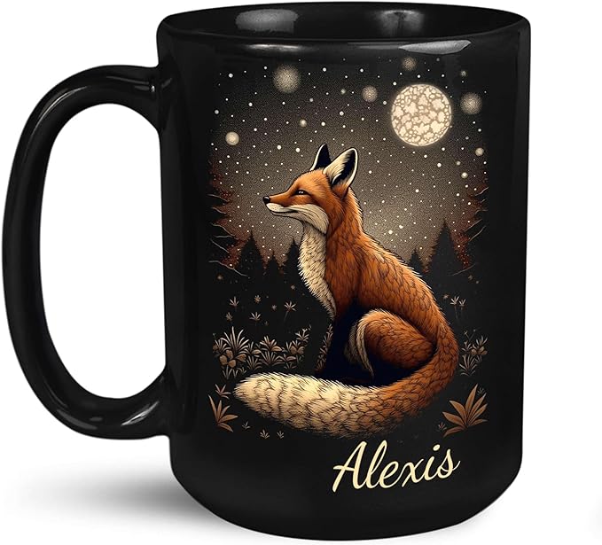 Animal Lover Mug with Custom Name, Nature Inspired Coffee Mug 11oz or 15oz, Personalized Cute Fox Ceramic Cup, Unique Animal Art Black Coffee Cup, Gifts for Friends, Family