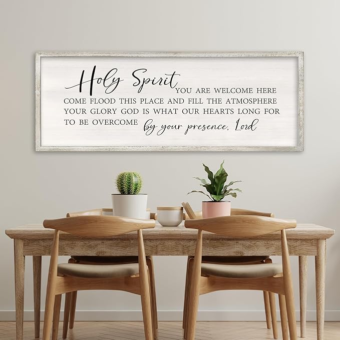 Holy Spirit You are Welcome Here Wall Decor Art 32x12 Inch Large Christian Song Bible Verse Plaque Wood Framed Sign Living Room Scripture Quote Religious For Office Wall Hanging (White)