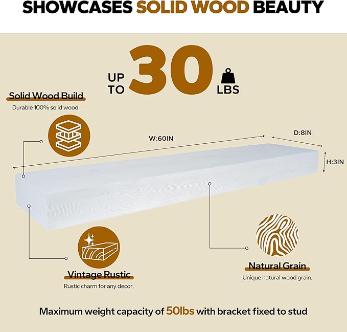 Floating Shelves 3 inch Thick for Wall Set of 2,Solid Pine Wood Wall Mount Shelf for Kitchen Living Room Bedroom Bathroom,8" D x 60" L x 3" H-White