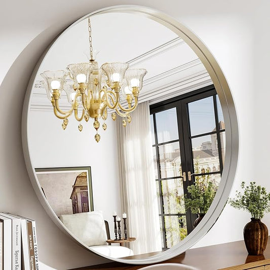 36 Inch Round Bathroom Mirror - Wall Mounted Circle Mirror with Metal Frame, Modern Mirror Suitable for Bathroom, Vanity, Entryway, Living Room, Wall Decor,Silver