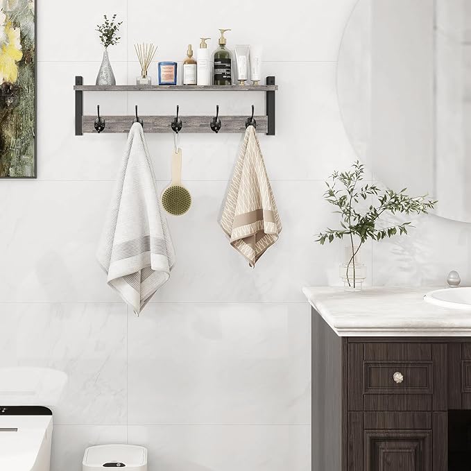 Homode Wall Hooks With Shelf, 24 Inch Coat Rack Wall Mount for Entryway, Clothes, Backpack, Key, Purse - Floating Shelf Hanging in Bathroom, Bedroom, Hallway, Rustic Grey
