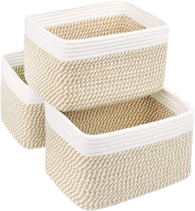 Small Cotton Rope Storage Basket Set of 3-11"x7"x7" Perfect Woven Baskets for Storage, Ideal Storage Baskets for Organizing Toys, Towels, and More - Baskets for Shelves（White & Mixed Camel）