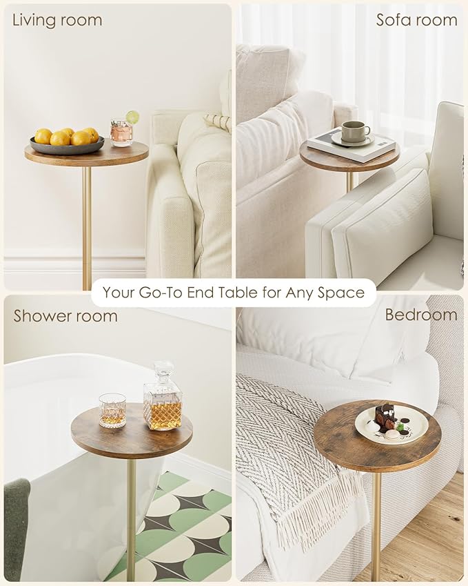 Masupu Drink Table, Round Side Table for Small Spaces, Pedestal Small End Table with Metal Base, for Living Room, Bedroom, Bathroom, Rustic Brown