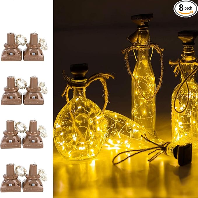 Solar Wine Bottle Lights Outdoor, 20 LED Cork Lights for Wine Bottles Waterproof, Fairy Lights Solar for Wedding Party Garden Patio Decor, Suitable for Most Wine Bottle Mouths-Warm White (8 Pack)