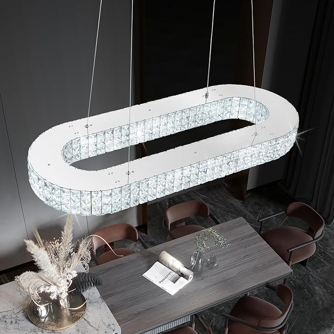 Modern Crystal Chandelier, Dia 40" Rectangular Chandelier for Dining Room,Chrome Rectangle Crystal Ceiling Light Luxury Oval Chandeliers for Living Room Kitchen Island