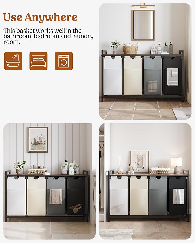 Lulive Laundry Hamper with Shelf, Laundry Basket 4 Section, Laundry Sorter Organizer with Pull-Out Removable Large 4 Color Bags & Large Top Shelf for Laundry Room, Bathroom and Dorm, 4 x 18 Gal (272L)