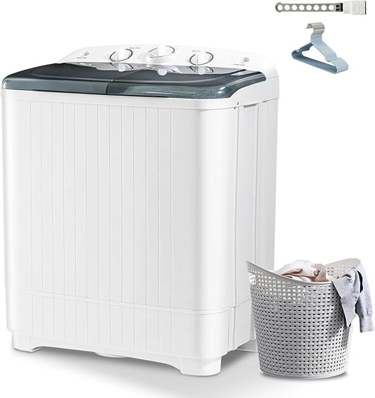 Portable Mini Twin Tub 22lbs Washing Machine With Drying Rack& 10 Hangers, 13lbs Washer & 9lbs Spinner, Small Laundry Washer with Time Control for Camping, Apartments, RV (22lbs)