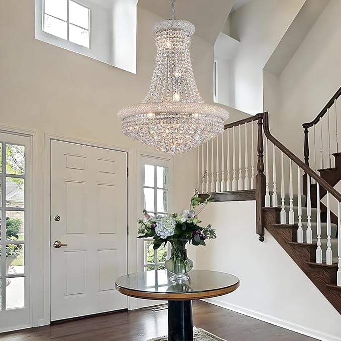 Modern Crystal Chandeliers Foryer Chandelier for High Ceilings, 11-Lights Silver Empire Crystal Chandeliers for Living Dining Room Entryway Hallway(D23.6)