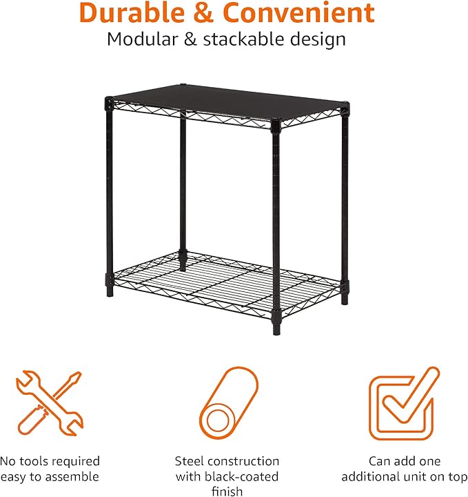 Amazon Basics 2-Shelf Stackable Storage, 13.3" D x 23.2" W x 22.2" H, Black