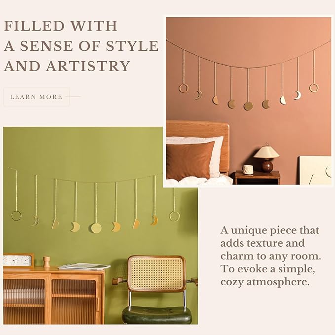 Mkono Moon Phase Wall Hanging Boho Aesthetic Room Decor Metal Moons Garland Hanging Art Bohemian Home Decoration for Girls Room Nursery Bedroom Livingroom Dorm, Ideal, Gold, 50"