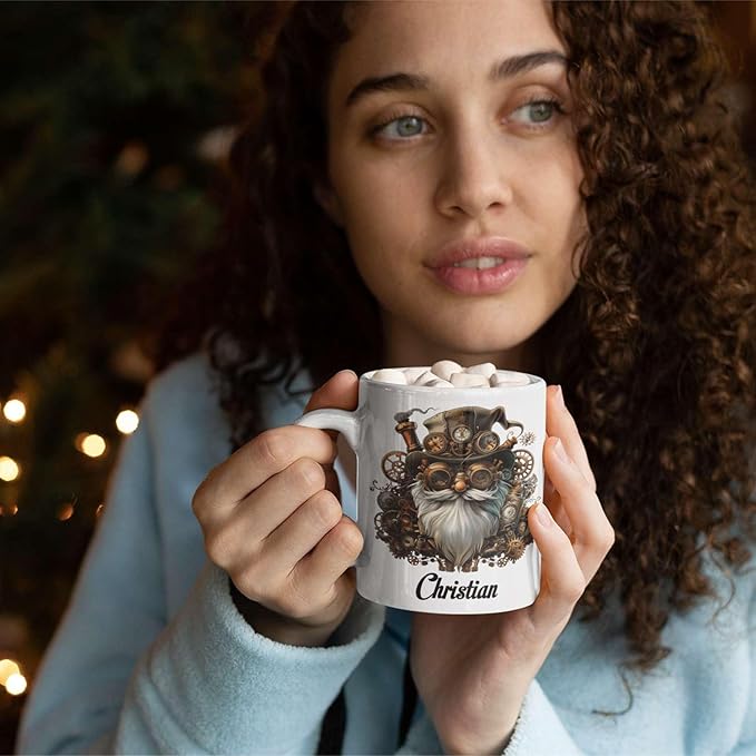 Custom Mechanical Art Mug 15oz, Personalized Steampunk Gnome Coffee Mug, Customized Name Ceramic Cup, Fantasy Enthusiasts Mug, Gnome White Mug With Steampunk Themed, Gift For Men
