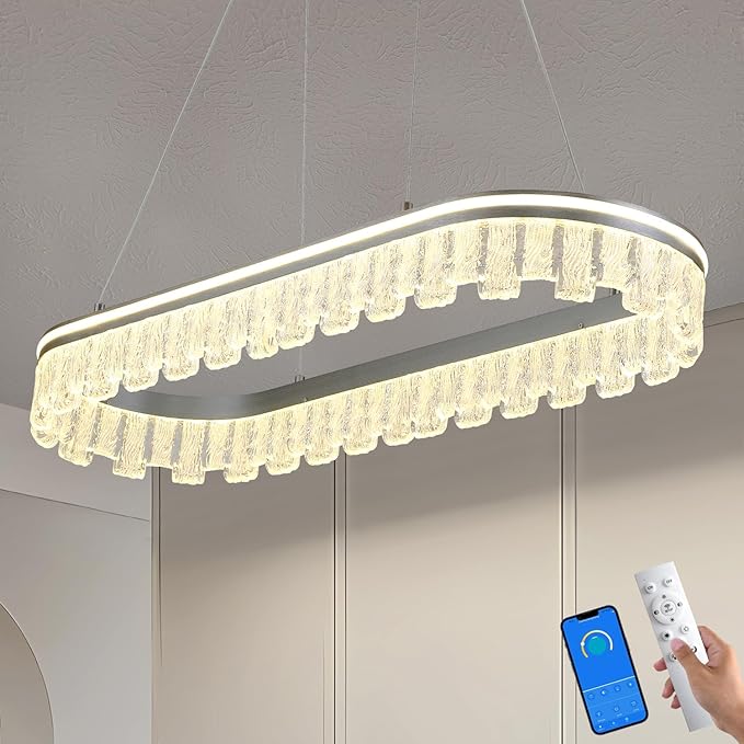 Modern Pendant Lights Kitchen Island, 35.5" Dimmable LED Elliptical Runway Light Fixture Silvery Gray Aluminum Bar Lights Hanging for Dining Room, Kitchen, Restaurant, Living Room