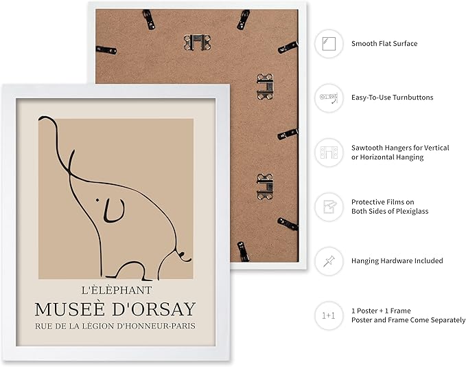 Poster Master Vintage Poster - Retro Minimalist Print - Gift for Artist, Housewarming - Elephant, Line Drawing, Sketch, Abstract - Wall Decor for Living Room, Bedroom, 11x14 White Framed