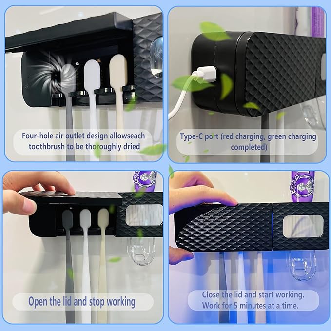 Smart Toothbrush Holder for Bathrooms, Toothbrush Cleaner Wall Mounted, Automatic Toothpaste Dispenser for Equipped with 3 Slots (Black)