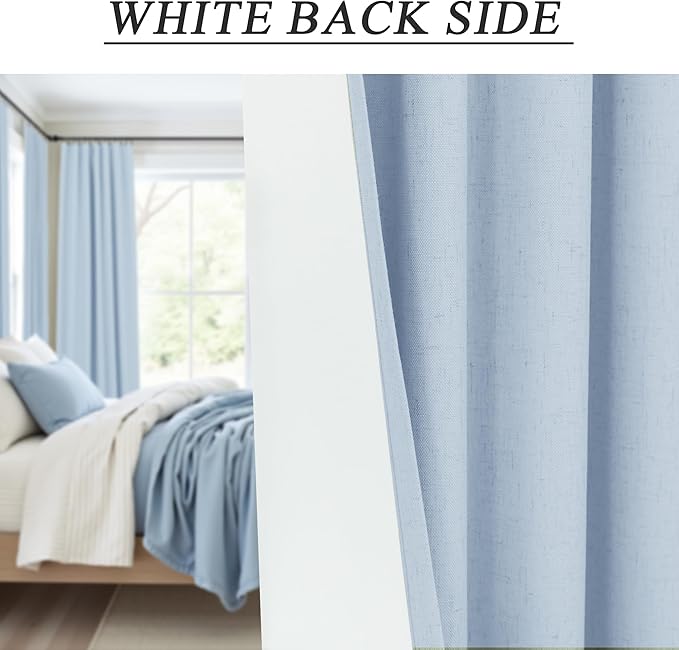 Light Blue Blackout Curtains 90 Inches Long for Bedroom 2 Panel Set Thermal Insulating Room Darkening Draperies for Living Room Black Out Linen Drapes Winter Cold Blocking Grand Millenial 52x90 Length