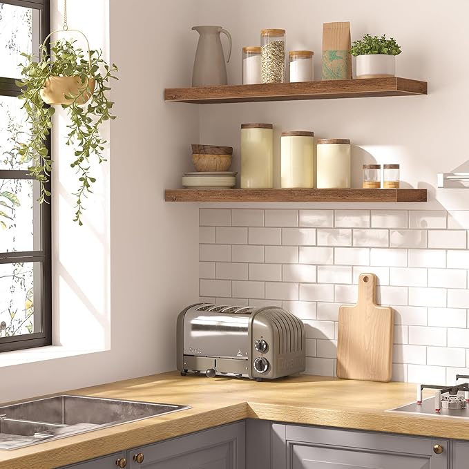 HOOBRO Floating Shelves for Wall, Wall Mounted Shelf Set of 2, 31.5" Hanging Shelf with Invisible Brackets, for Wall in Bathroom, Bedroom, Toilet, Kitchen, Living Room, Office, Rustic Brown BF80BJP201