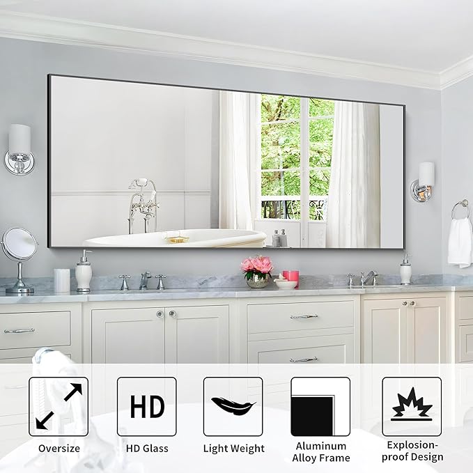 30x72inch Bathroom Mirror, Black Rectangle Mirror with Thin Frame, Large Rectangular Wall Mirror for Bathroom, Living Roomm, Hair Salon, Big Farmehouse Mirror Hang Horizontal/Vertical