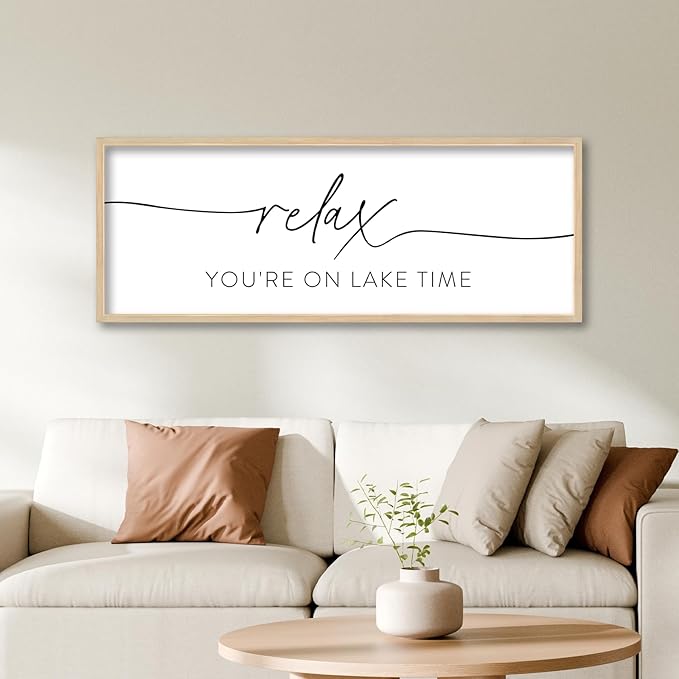 SRSZHIYUE Relax You're On Lake Time Wall Decor Above Bed Sign 40"×15" for Lake House Bedroom Over Bed Large Wood Framed Hanging Art (Wood)