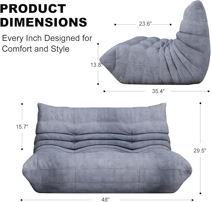 Full Foam Loveseat Sofa,Adults Bean Bag Chairs Floor Couch with Soft Waterproof Fabric,Armless Fireside Lounge Chair for Living Room,Apartment and Office (Grey)