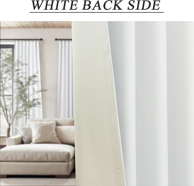 White Linen Blackout Curtains 95 Inches Long 2 Panel Set Cute Burg Nosie Reducing Insulated Drape Fabric Thick Boho Curtains for Bedroom Heat Reflective Viral Curtain Back Tab Pocket Pleated 95 Length