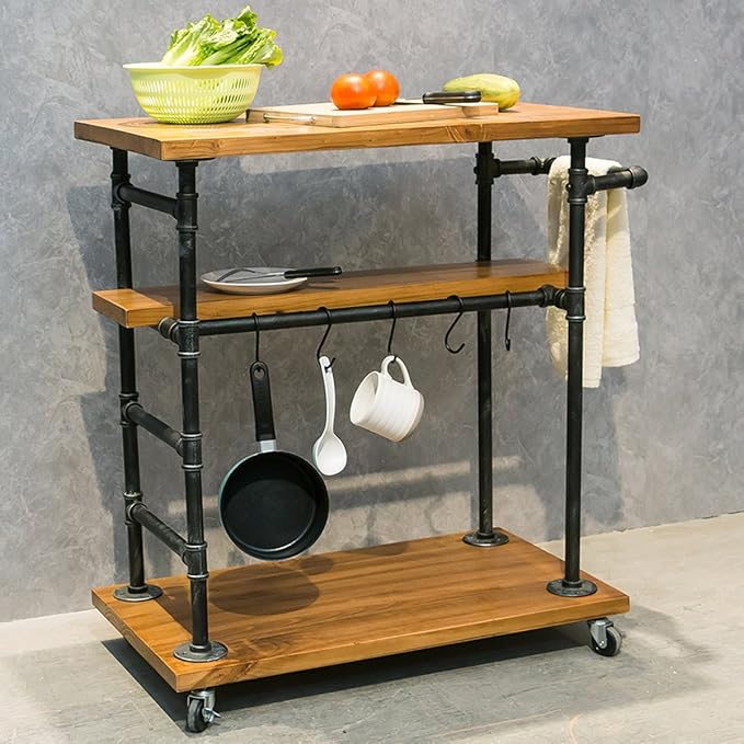 Industrial Portable Kitchen Island on Wheels,Bar Carts for the Home Wine Bar Beverage Coffee Cart,Metal Rolling kitchen carts and islands,Wood and Pipe 3-Tier Butcher Block Island Food Serving Cart