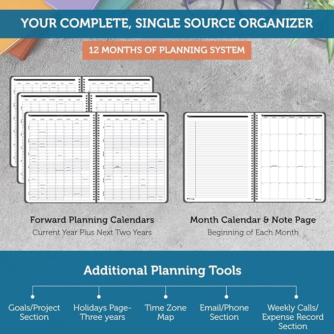 Planner Pad Spiral Bound 3-Tier Funnel Down 12 Month Organizer, October 2025 – September 2026, Black Cover/Black Ink, 8 1/2" x 11"
