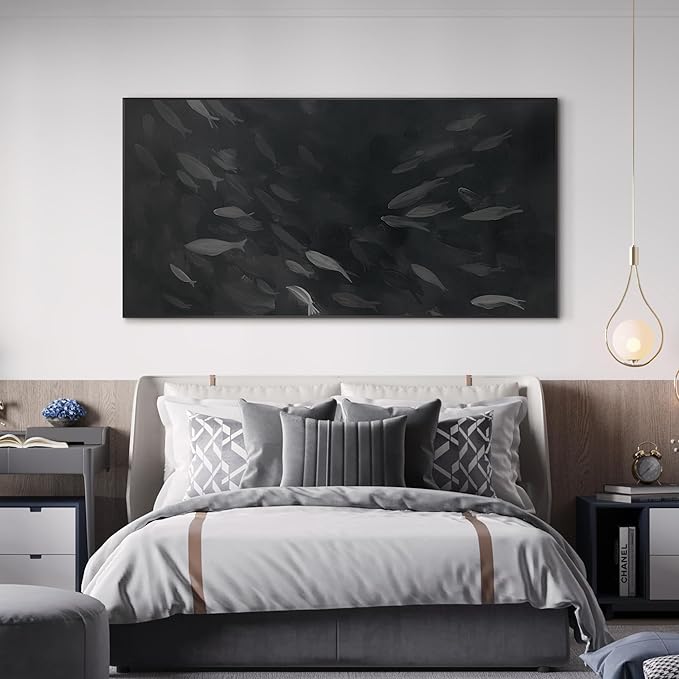 SIGNWIN 24"x46" Extra Large Framed Wall Art Monochrome Fish Silhouettes Illustration for Home Living Room Bedroom Decor (Frame Assembly Required)