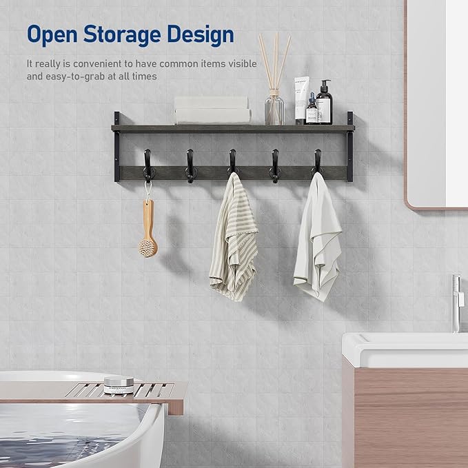 Tatub 29" Rustic Coat Rack Wall Mount with Shelf, Entryway Wall Hooks with Shelf, Coat Hangers for Bathroom, Living Room, Bedroom, Dark Grey