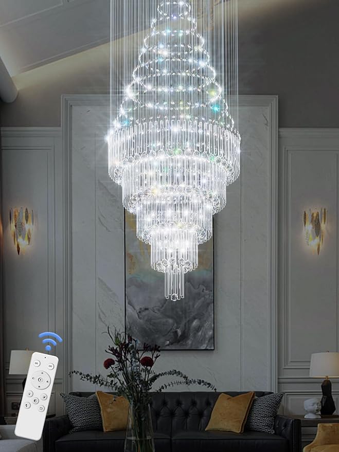 Flashing God D40''X H110'' High Ceiling Big Chandelier Crystal Raindrop Gold Chandeliers Staircase Large Chandelier Entrance Foyer High Ceiling Lighting Include 15 LED Bulbs Dimmable 2700K-4500K-6000K