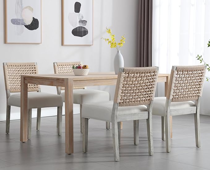 Kmax Farmhouse Dining Chairs Set of 4, Rustic Kitchen Chairs with Linen Fabric Seat and Woven Back, Vintage Accent Chairs for Dining Room, Living Room, Ivory