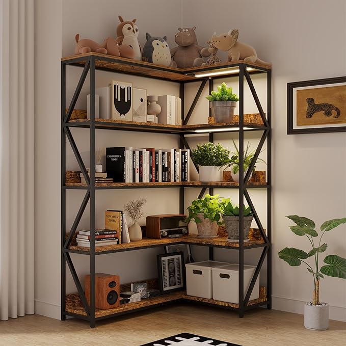 Large Farmhouse Style 5 Tiers Corner Bookshelf with Grow Light, Extra Wide Plant Stand & Bookcase for Home Office 、Craft Space、Living Room, Rustic Wooden Corner Shelf for Indoor Plants