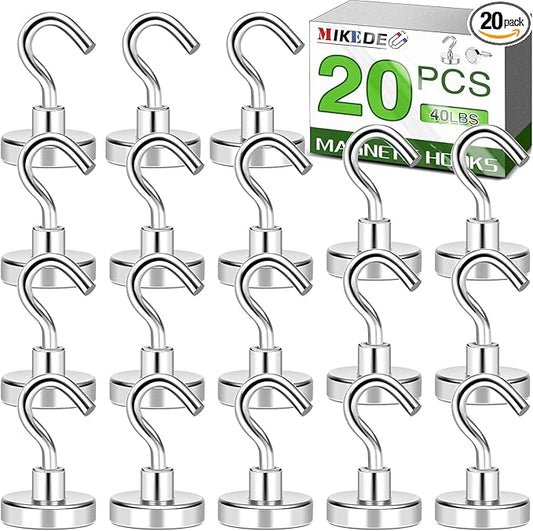 MIKEDE Magnetic Hooks Heavy Duty, 40lbs Earth Magnets with Hooks for Refrigerator, Strong Magnets with Rust Proof Metal Hooks for Cruise Cabins, Classroom, Outdoor - Pack of 20